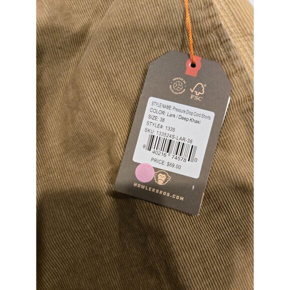 Howler Brothers: Men's Pressure Drop Cord Shorts, Lark / Deep Khaki, Size 38 - Picture 2 of 3